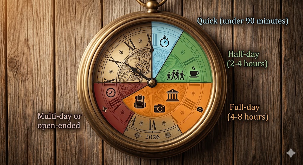 Scavenger hunt and treasure hunt comparison chart showing duration ranges from quick 30-minute hunts to multi-hour adventures