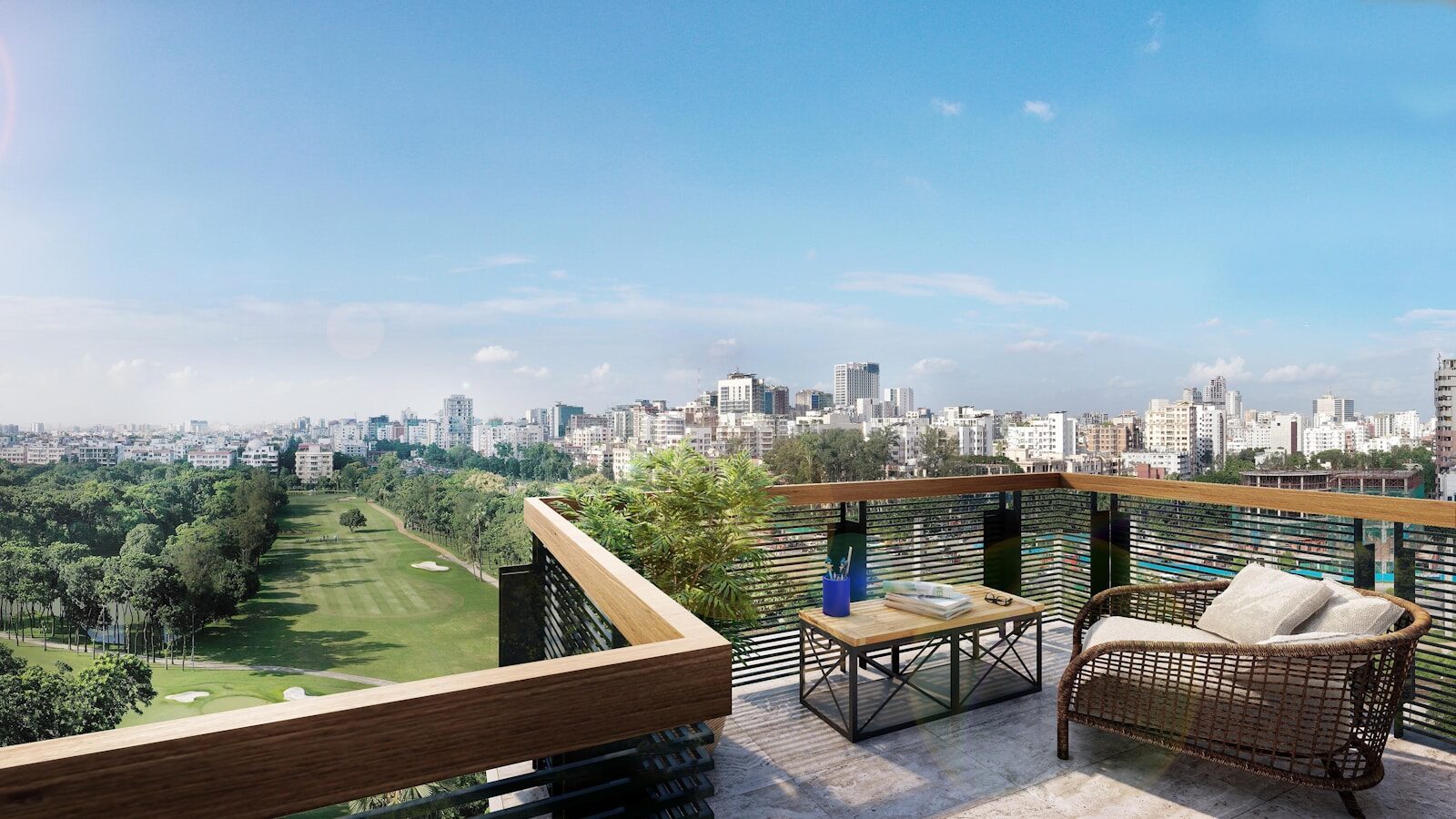 Balcony overlooking a city and golf course
