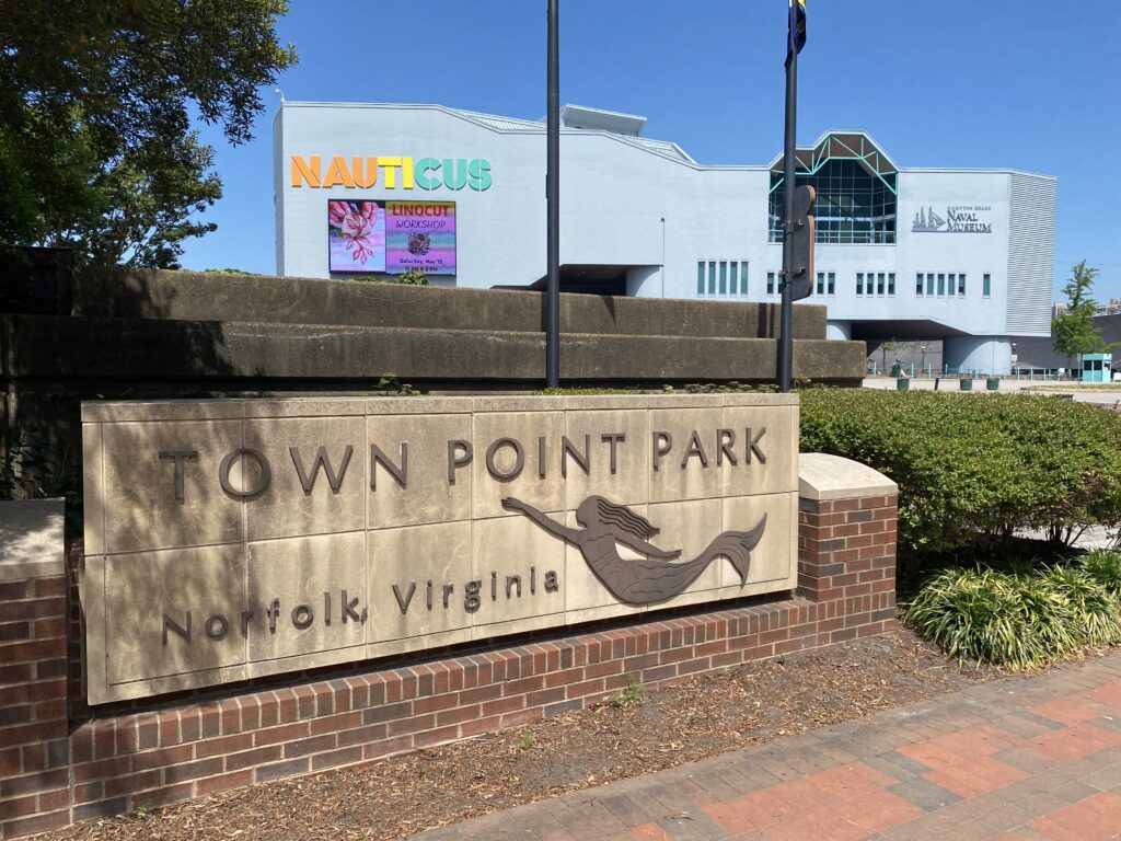 Town Point Park entrance sign on the Norfolk waterfront, the main outdoor festival venue steps from the Half Moone cruise terminal