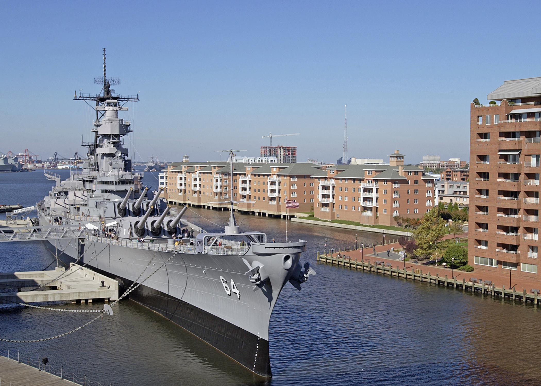 USS Wisconsin battleship docked at Nauticus museum on the Elizabeth River in downtown Norfolk